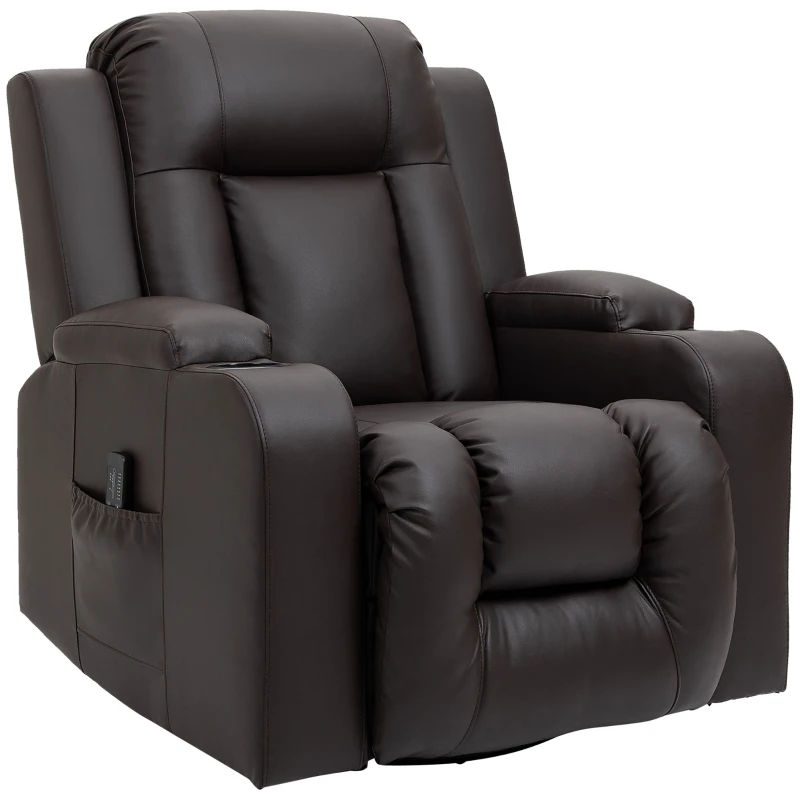 HOMCOM Swivel Massage Recliner Chair Rocker, Overstuffed Manual Reclining Sofa, PU Leather Rocking Chair with Side Pockets, Cup Holders, for Living Room, Nursery, Brown