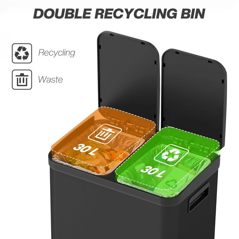 HOMCOM Kitchen Garbage Bin, 2 x 7.9 Gal (2 x 30 L) Trash Can, Soft-Close Garbage Can with Removable Inner Buckets, Black