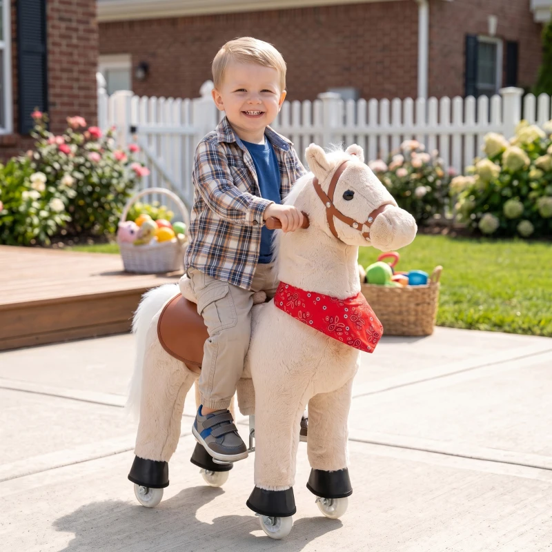Qaba Ride on Horse for Kids 2+ Years, Plush Ride On Pony Toys with Rotatable Head and Neighing Sounds, Light Brown