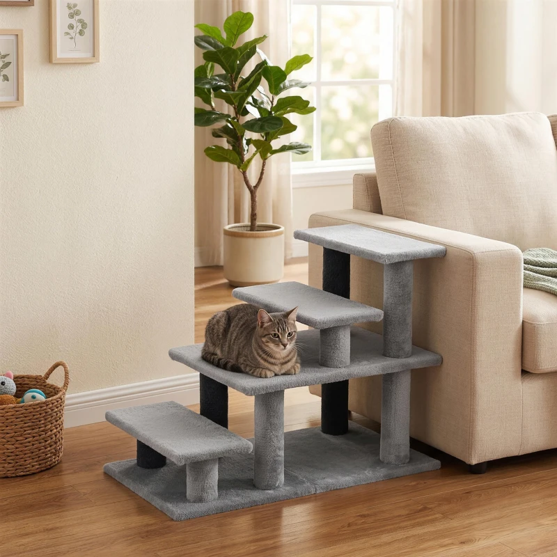 PawHut Pet Stairs, Cat Stairs with 2/3/4-Step Flexible Setup for Bed, Sofa, Gray
