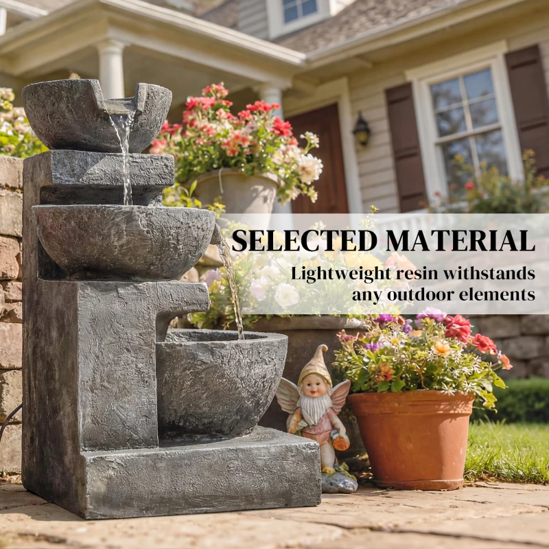 Outsunny 3-Tier Outdoor Water Fountain, Garden Waterfall Fountain with LED Lights and Pump, Indoor Freestanding Resin Waterfall
