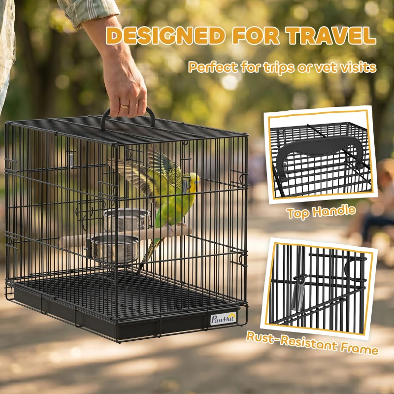 PawHut Bird Cage Portable w/ Slide-Out Tray Travel Cage for Parakeets w/ Perch & Food Bowls Black