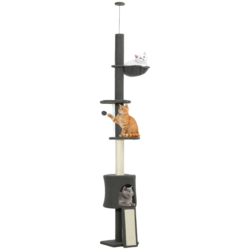 PawHut 87"-94.5" Floor to Ceiling Cat Tree with Sisal Scratching Post, Condo, Hammock, Ramp, Perches, Dark Grey