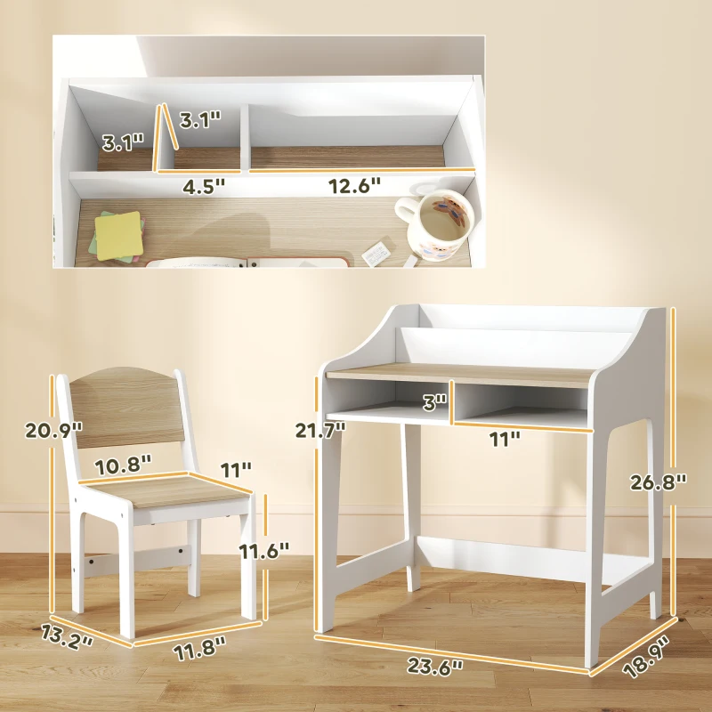Qaba Kids Desk and Chair Set with Storage and Shelves, for Bedroom & Study Room, Gift for 3-8 Years Old, Natural Wood