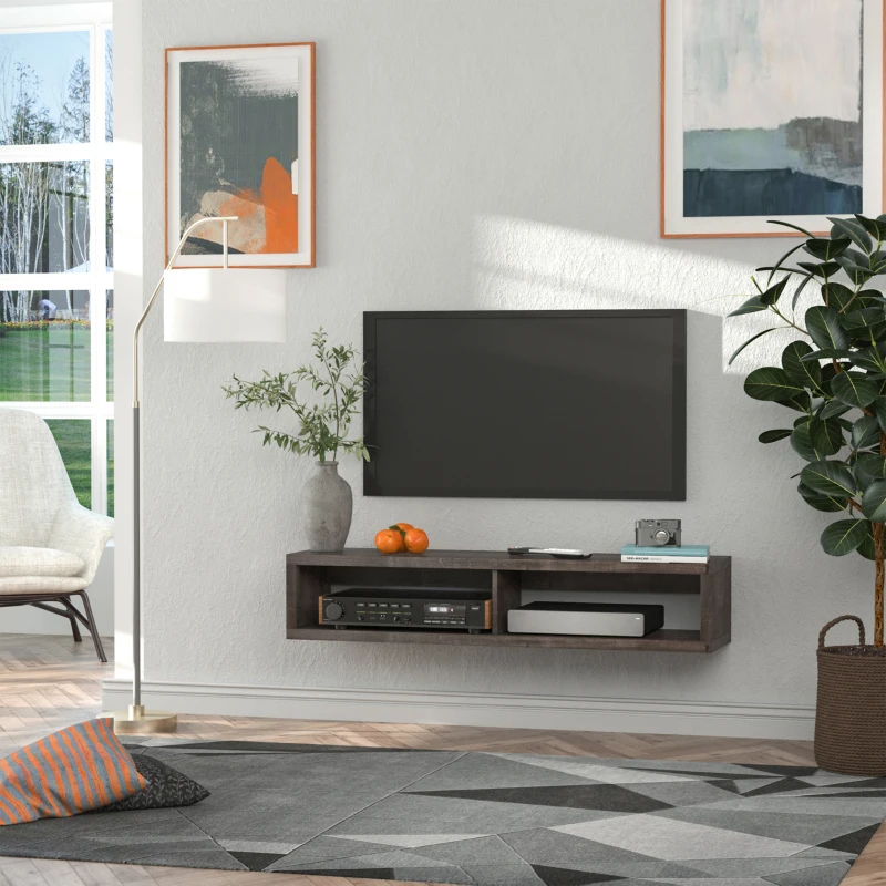 HOMCOM Wall Mounted TV Stand, Media Console Floating Storage Shelf for Living Room or Home Office, Dark Grey