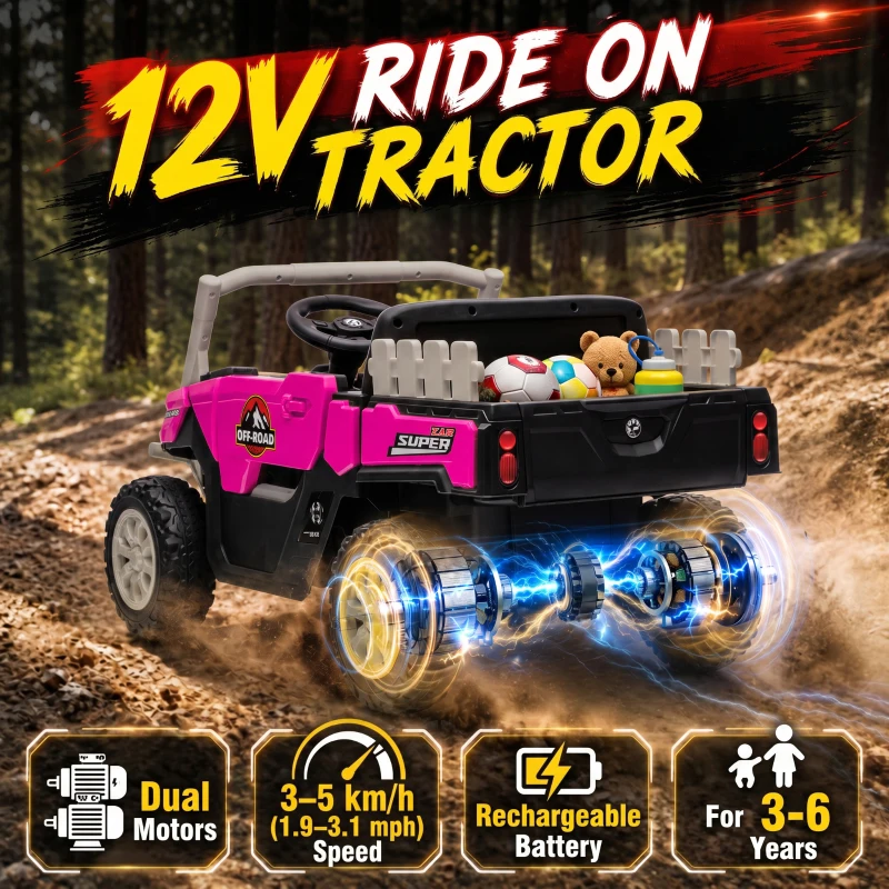 Qaba Kids Ride On Tractor, 12V Electric Tractor with Remote Control, Dual Motors, Music, Cargo Bed, Rear Suspension, Pink