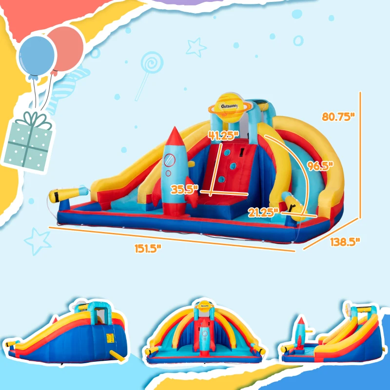 Outsunny 5-in-1 Inflatable Water Slide, Rocket Themed Kids Castle Bounce House with Slide, Pool, Water Cannon, Basket, Climbing Wall Includes Carry Bag, Repair Patches, 750W Air Blower