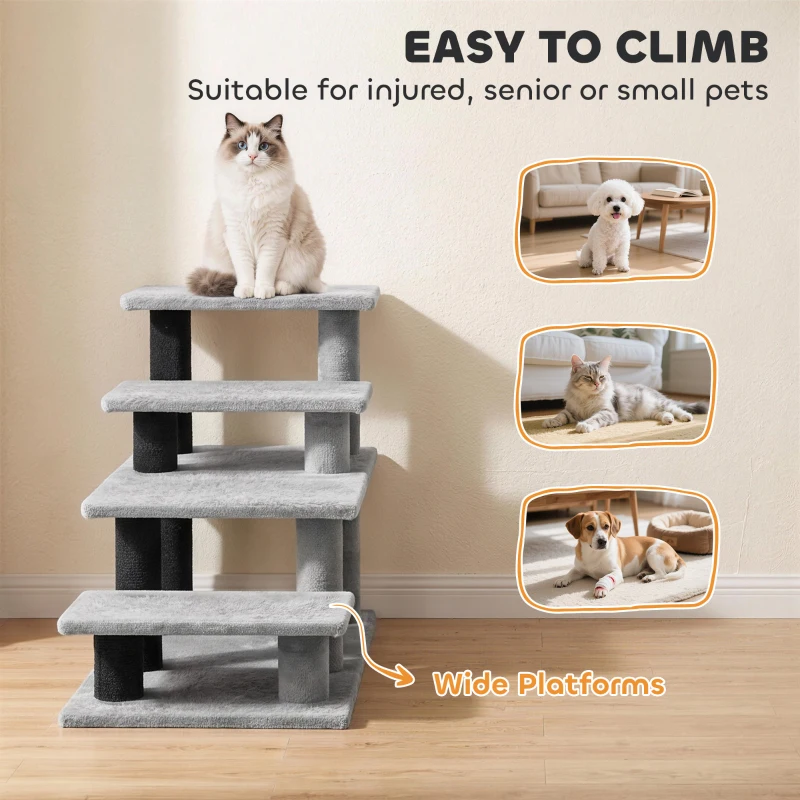 PawHut Pet Stairs, Cat Stairs with 2/3/4-Step Flexible Setup for Bed, Sofa, Gray