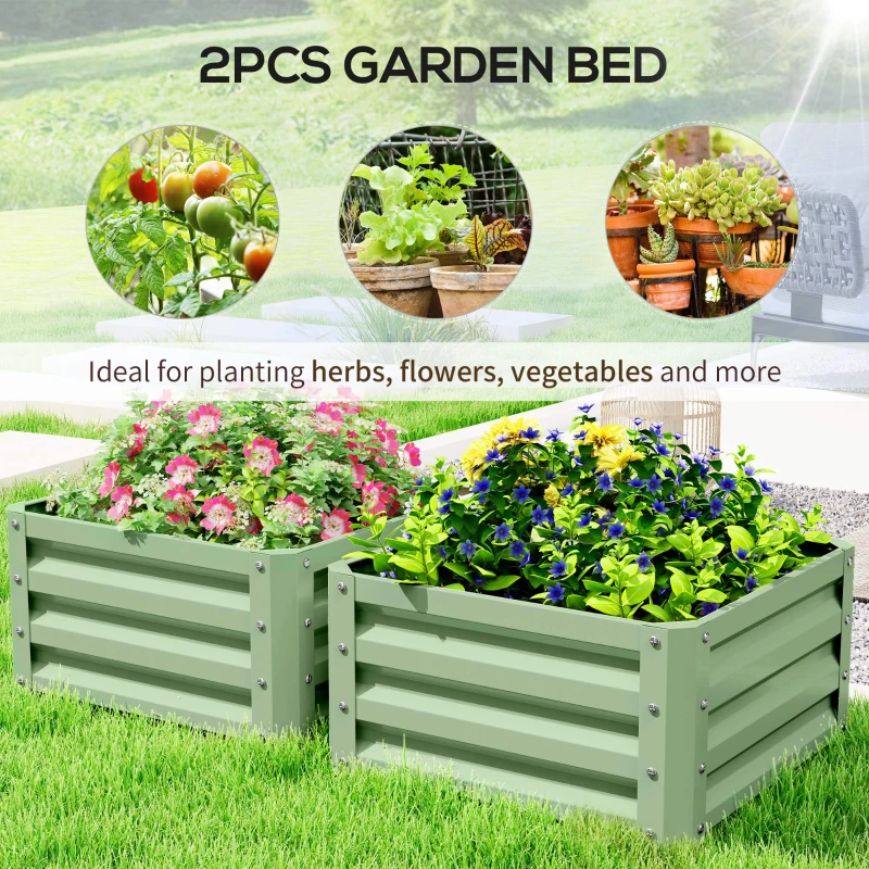 Outsunny Galvanized Raised Garden Beds, Outdoor Planter Box, Set of 2, for Flowers, Herbs and Vegetables, Light Green