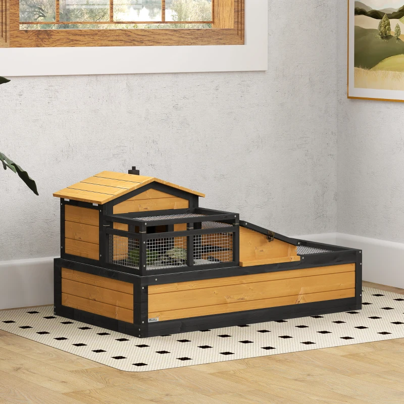 PawHut 3-Room Tortoise Habitat House w/ Balcony & 2 Stories, 44" x 25.5" x 25", Yellow