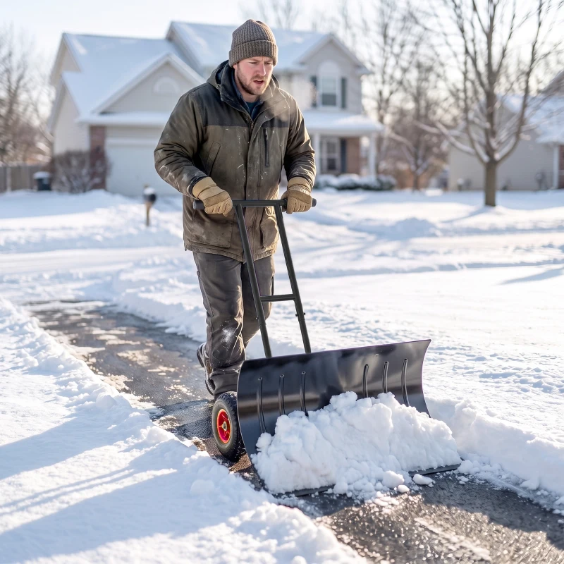 Outsunny Snow Shovel with Wheels, 29" Metal Snow Pusher with Adjustable Handle, 7-Angle Blade, Wear Strip for Driveway, Black