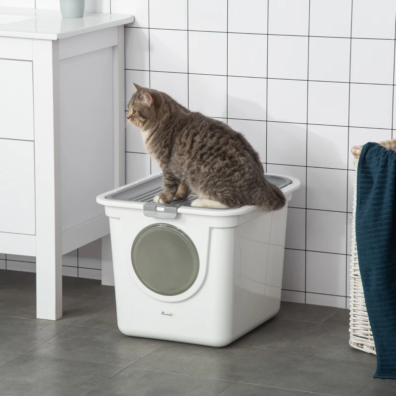 PawHut Covered Cat Litter Box, Easy Cleaning Kitty Litter Box with Front Entrance, Top Exit, Scoop, for Odor Control, White