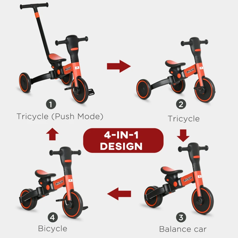 Aosom 4-in-1 Toddler Tricycle, Adjustable Balance Bike, Kids Bike, Baby Bicycle Push Trike for Kids 2-4 with Folding Trike Handle, Outdoor Toy for Toddlers & Kindergarteners, Red