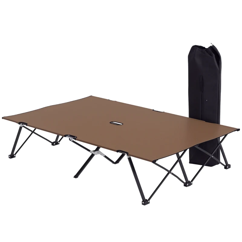 Outsunny 76" Two Person Folding Camping Cot Outdoor Portable Double Cot Wide Military Sleeping Bed w/ Carrying Bag Khaki
