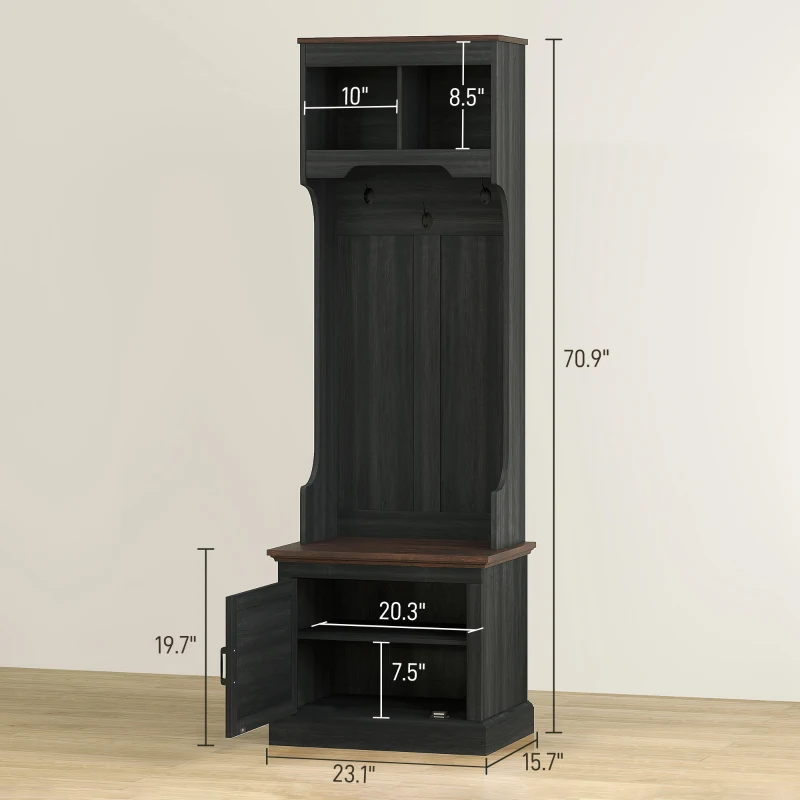 HOMCOM 3-in-1 Hall Tree with Shoe Storage, Coat Rack with Bench, Entryway Furniture with Five Hooks, Black Wood Grain