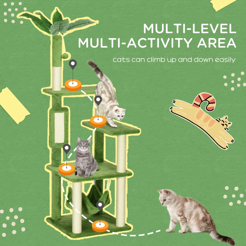 PawHut 56" Cat Tree for Large Cats Adult with Hammock, Cat Tower with Scratching Post, Platforms, Play Ball and Anti-tipping Device, for Indoor Cats, Green