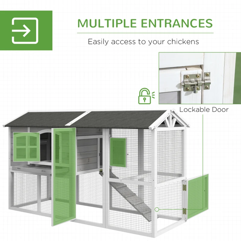 PawHut Wooden Chicken Coop with Run for 3 - 4 Chickens, Hen House with Nesting Box, Removable Tray, Outdoor Poultry Cage, 77.5" x 32.5" x 46", Light Gray