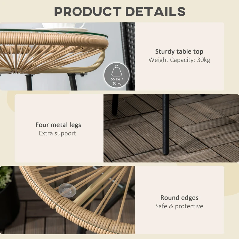 Outsunny Rattan Side Table, Round Outdoor Table, with Round PE Rattan and Tempered Glass Table Top for Patio, Garden, Beige
