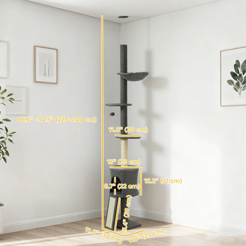PawHut 87"-94.5" Floor to Ceiling Cat Tree with Sisal Scratching Post, Condo, Hammock, Ramp, Perches, Dark Grey