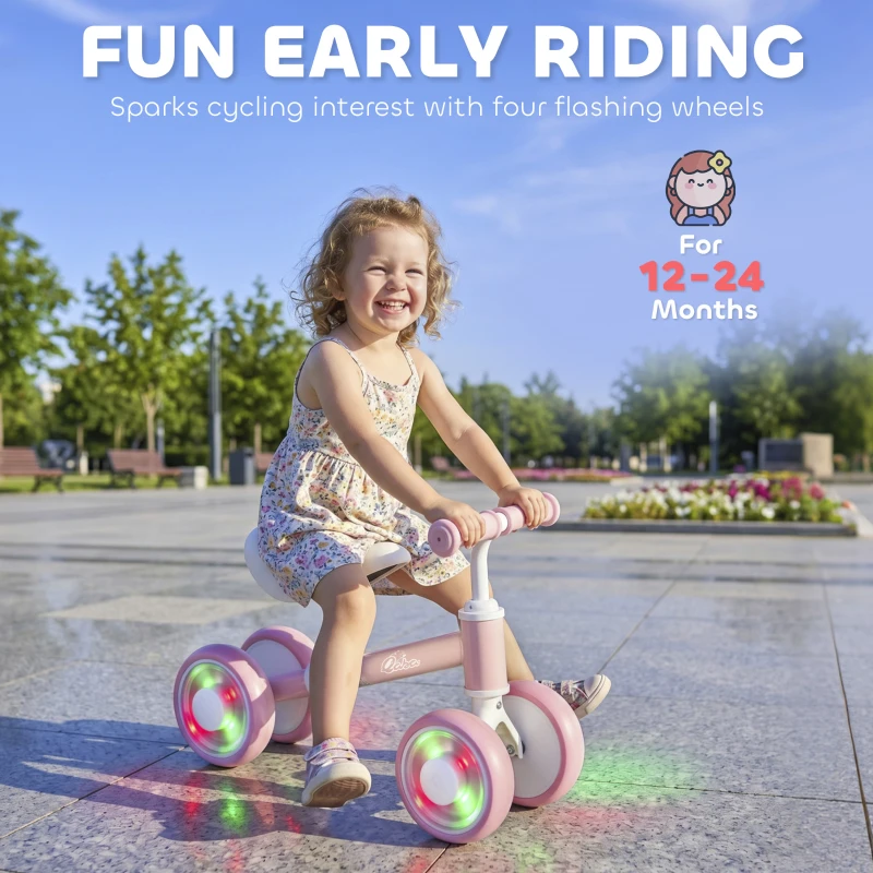 Qaba Baby Balance Bike for 12-24 Months Boys and Girls, Toddler Balance Bike with 4 Flashing Silent Wheels, Pink