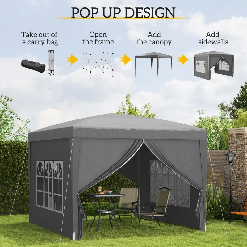 Outsunny 10'x10' Outdoor Pop Up Party Tent Wedding Gazebo Canopy with Carrying Bag (Grey)