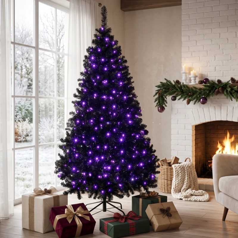 HOMCOM 6ft Pre-lit Black Christmas Tree, Artificial Halloween Tree with 680 Purple LED Lights, 680 Tips, Metal Stand, Black