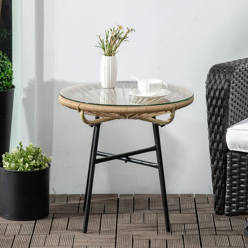 Outsunny Rattan Side Table, Round Outdoor Table, with Round PE Rattan and Tempered Glass Table Top for Patio, Garden, Beige