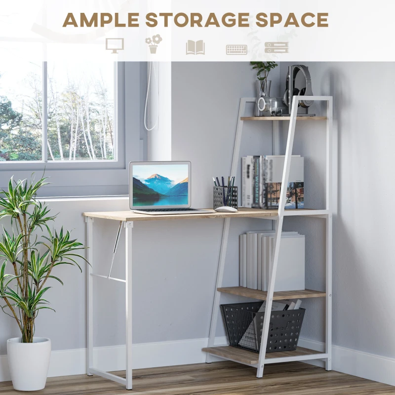 HOMCOM Computer Desk with Storage Sheves and Foldable Tabletop, Writing Desk for Home Office and Study, White, Natural