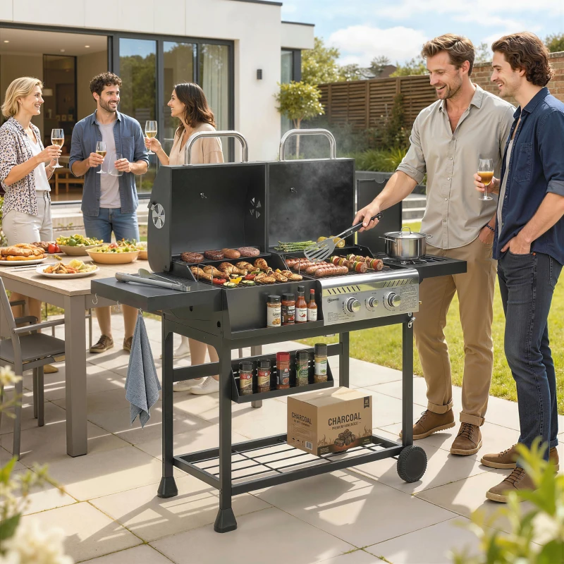 Outsunny Dual Fuel BBQ Grill, Charcoal and 2+1 Gas Burner Barbecue Grill with Wheels, Warming Rack, Black