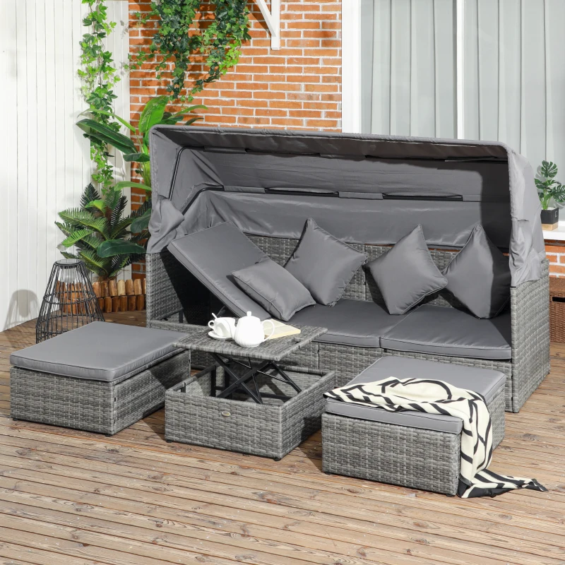 Outsunny 4 Piece Adjustable Canopy Outdoor Rattan Sofa Set w/ Height Adjustable Coffee Table & Cushions, Light Gray