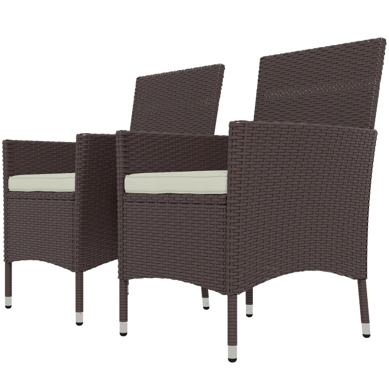 Outsunny 2 Pieces Wicker Outdoor Dining Chairs, Patio Chairs with Cushions for Backyard, Garden, Lawn, Dark Coffee