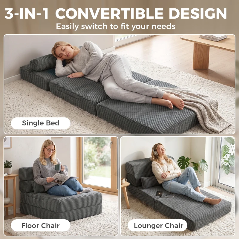 HOMCOM Floor Chair with Back Support Four-Fold Floor Gaming Chair Side Pockets Pillow Floor Seat Sofa Bed, Dark Grey