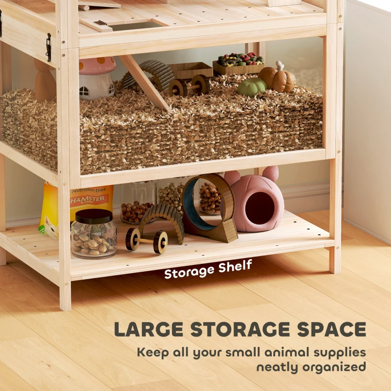 PawHut Wooden Hamster Cage with Detachable Lower Floor, Storage Shelf, Hut, Seesaw, Exercise Wheel, Ramps for Dwarf