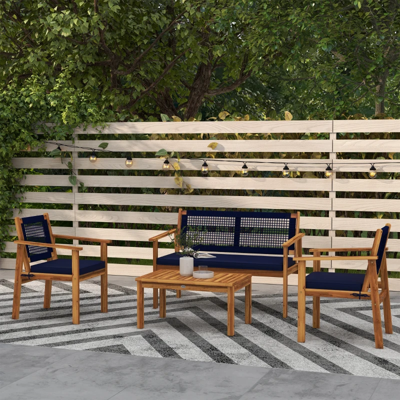 Outsunny 4 Piece Patio Sofa Set, Acacia Wood Outdoor Furniture with Cushions, Slatted Wood Top Coffee Table, Blue