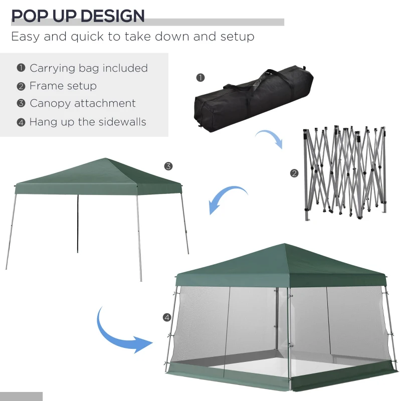 Outsunny Slant Leg Pop Up Canopy Tent with Netting and Carry Bag, Instant Sun Shelter, Tents, Green