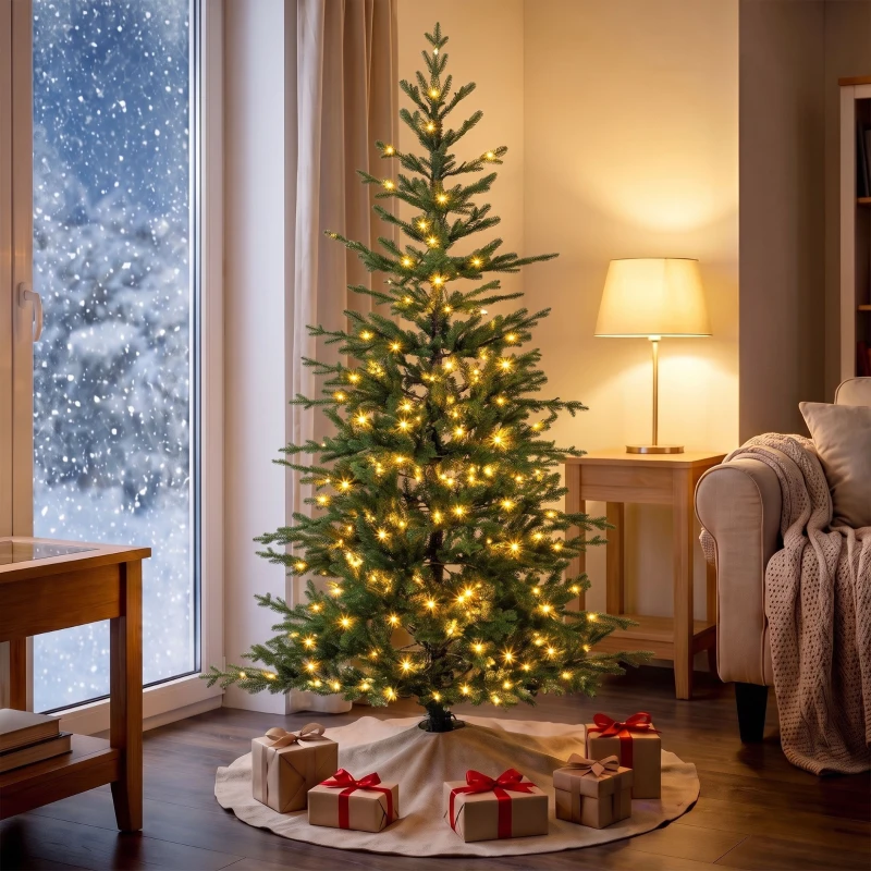 HOMCOM 6ft Prelit Sparse Christmas Tree with Downswept Hinges Warm White LED Lights, Green