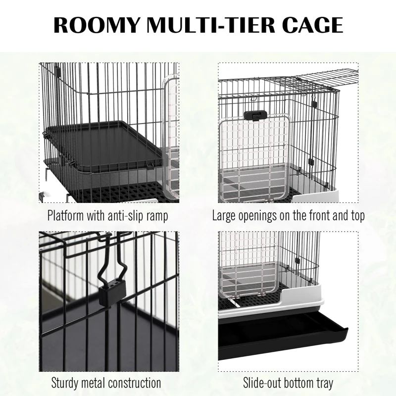 PawHut 28"H Guinea Pig Cage, 2-Level Rabbit Cage for Ferret, Chinchilla, Hedghog, Bunny, Small Animal Habitat with Wheels, Slide-out Tray, Ramp, Black