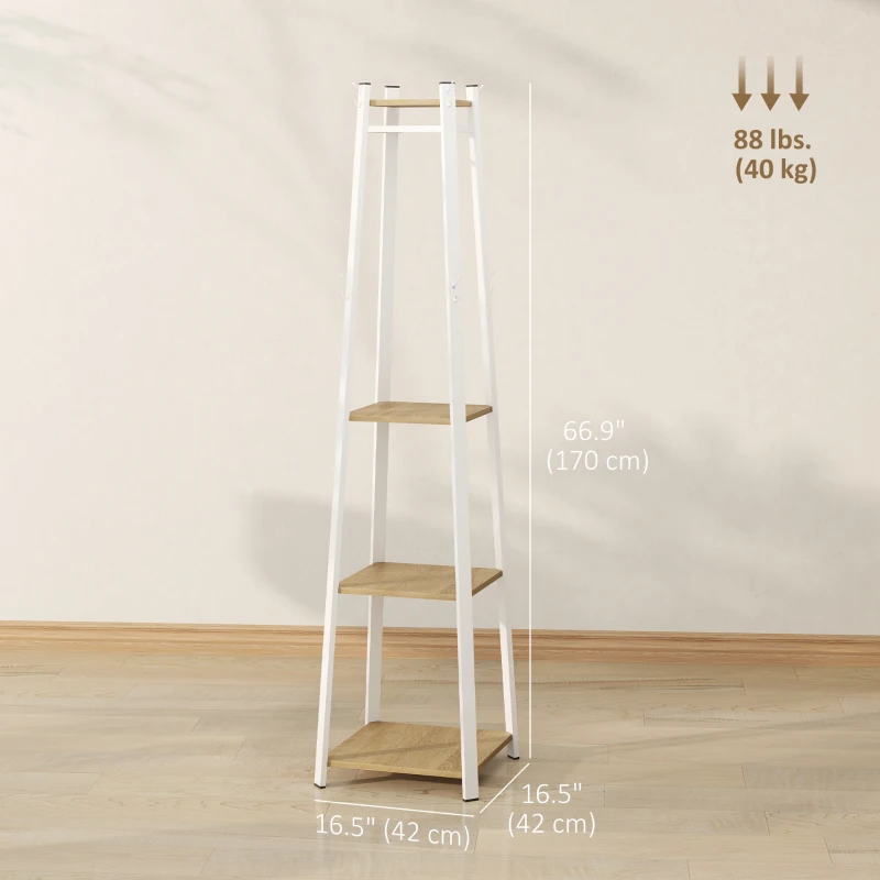 HOMCOM Clothes Rack with Storage, Garment Rack with 8 Hooks and 3-Tier Shelf, Clothes Stand for Bedroom, Entryway, Oak