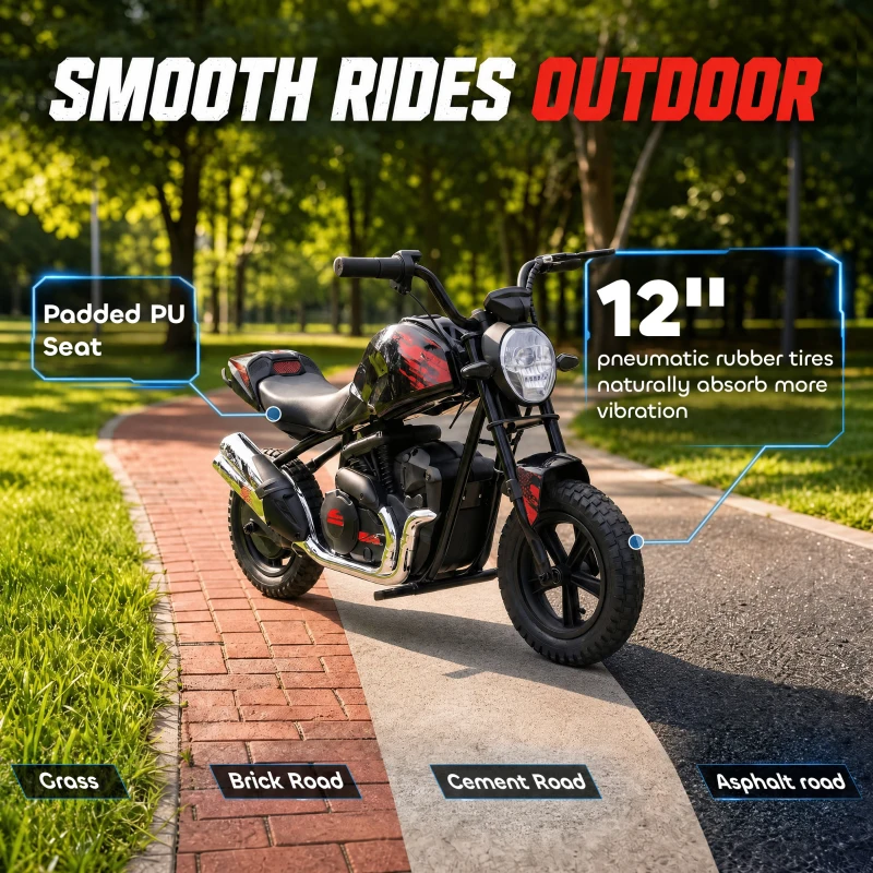 Qaba 24V Kids Electric Motorcycle with 180W Motor, 12" Rubber Tires, Up to 11MPH, Twist Throttle for Ages 6-12, Black