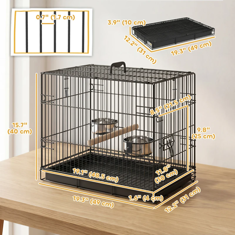 PawHut Bird Cage Portable w/ Slide-Out Tray Travel Cage for Parakeets w/ Perch & Food Bowls Black