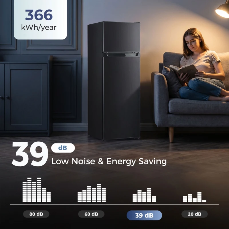 HOMCOM 7.7 Cu. Ft. Mini Fridge with Freezer, Compact Refrigerator with Adjustable Thermostat, Reversible Door, Black