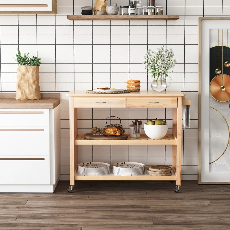 HOMCOM 42" Kitchen Trolley Cart Rolling Island Utility Serving Cart with 2 Drawers and 3-Tier Shelf Pine Wood