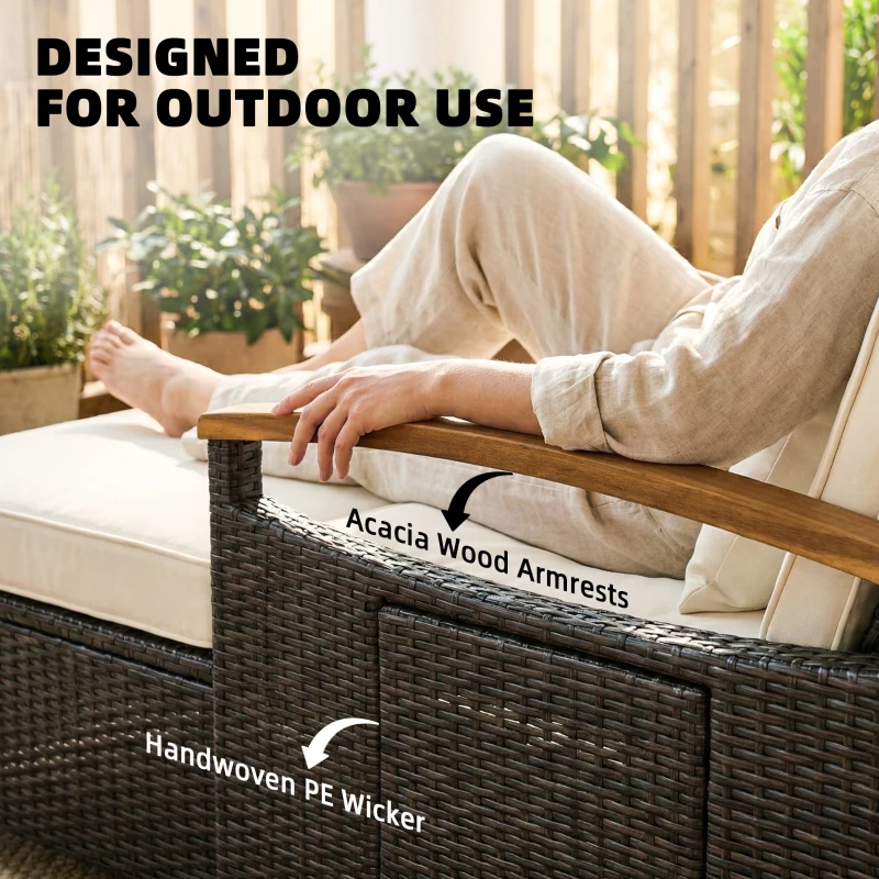 Outsunny Rattan Outdoor Daybed w/4-Level Adjustable Backrest, Patio Sofa Bed w/Storage Ottoman, Acacia Wood Armrest, Beige
