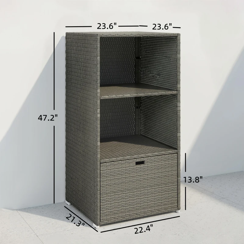 Outsunny Valet Pool Towel Rack, Water-Resistant PE Plastic Rattan Wicker Storage Organizer, 2 Shelves, 1 Basket Drawer, Dark Gray