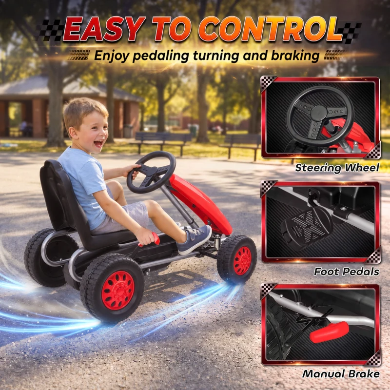 Qaba Lightweight Pedal Go Kart with Steering Wheel, Go Cart Ride on Toy with Adjustable Seat for 3+ Years, Red