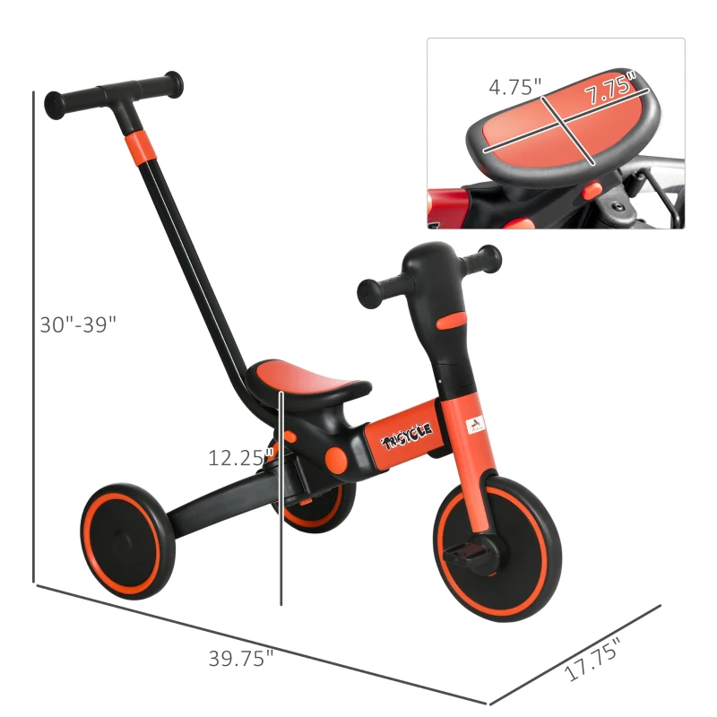 Aosom 4-in-1 Toddler Tricycle, Adjustable Balance Bike, Kids Bike, Baby Bicycle Push Trike for Kids 2-4 with Folding Trike Handle, Outdoor Toy for Toddlers & Kindergarteners, Red