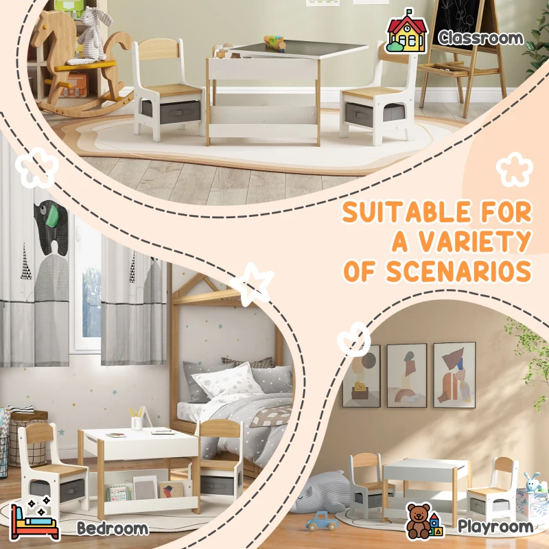 Qaba 3pc Kids Table and Chair Set with Reversible Tabletop Blackboard, Storage & Bookshelves, Natural