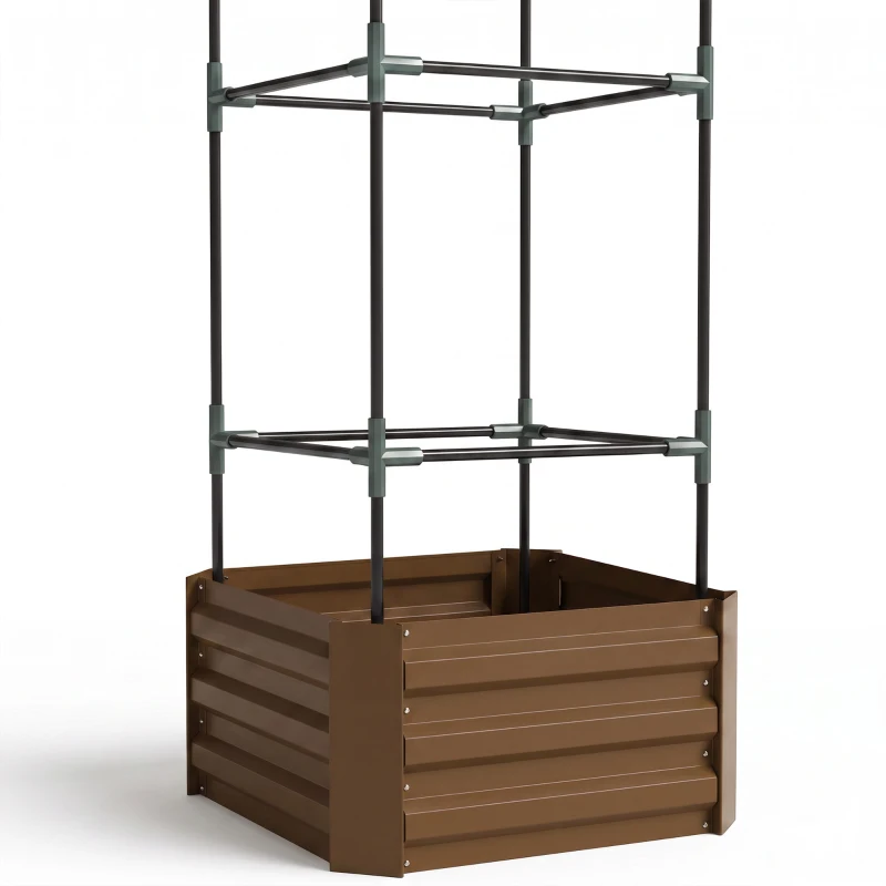 Outsunny Galvanized Planter Box, Outdoor Raised Garden Bed with 3-Tier Trellis Tomato Cage for Climbing Vines, Vegetables, Brown