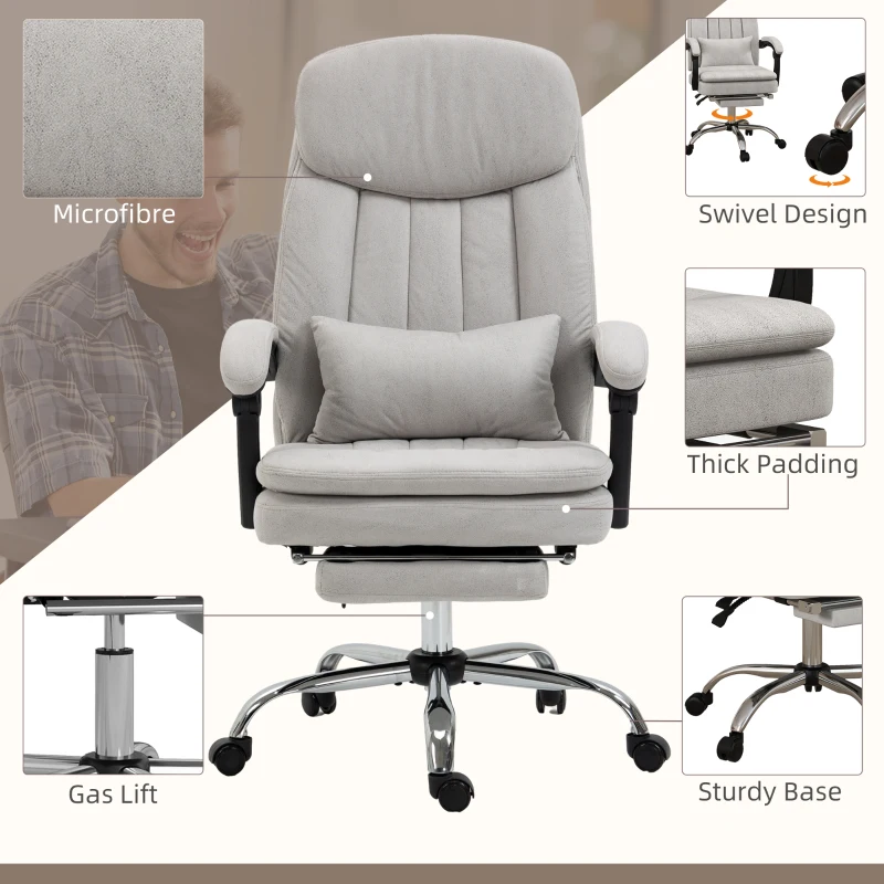 Vinsetto Executive Office Chair with Vibration Massage, Microfibre Swivel Desk Chair, Heated Reclining Computer Chair with Lumbar Support Pillow, Footrest, Light Gray