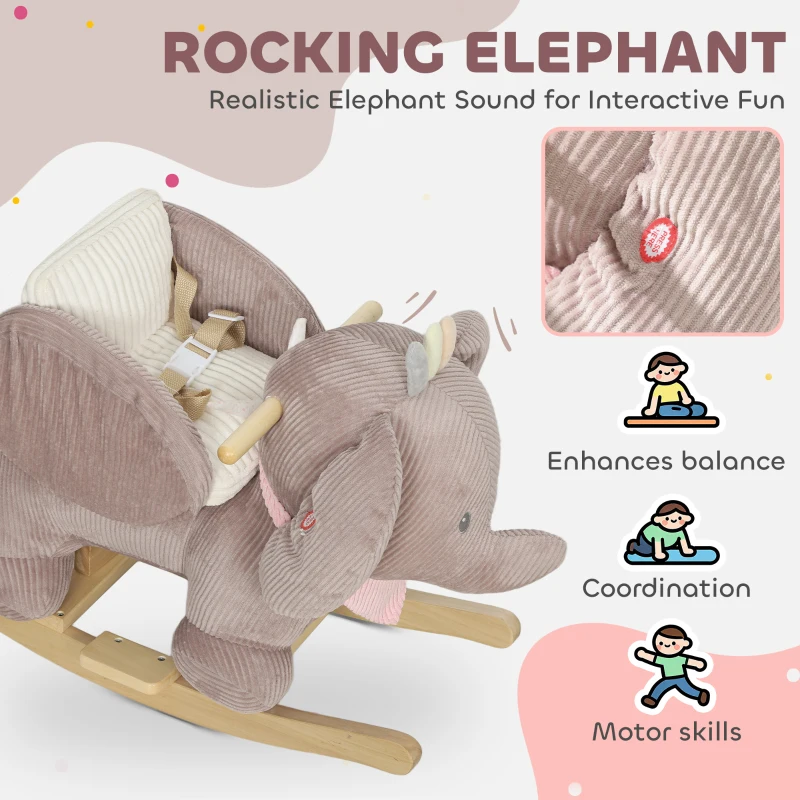 Qaba Kids Rocking Horse with Seat, Kids Ride On Toy with Realistic Elephant Sound and Safety Belt for 18 to 36 Months, Pink